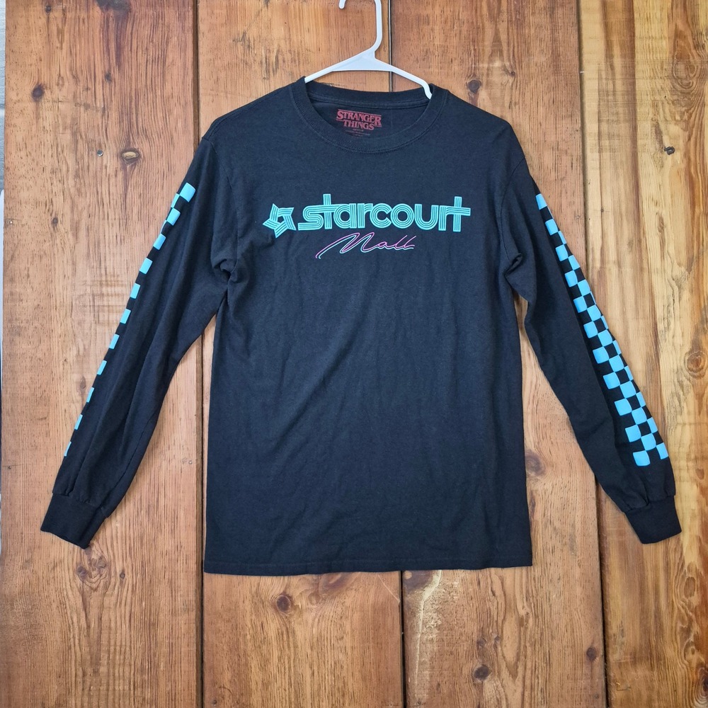 Stranger Things Starcourt Mall Long Sleeve Shirt Black Neon Teal Small S